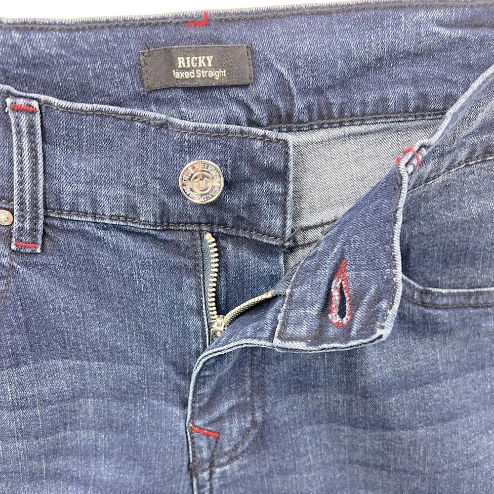 TRUE RELIGION JEANS, RICKY RELAXED STRAIGHT, DARK INDIGO BLASTER, W 33, L34